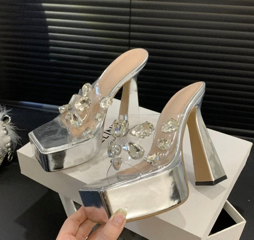 Women Square Toe Platform Crystal Transparent High Heel Sandals