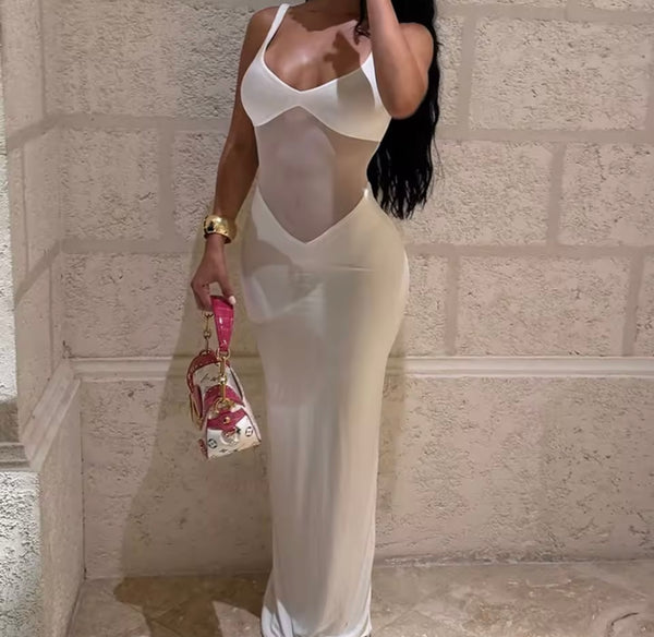 Women Sexy White Sleeveless Mesh Patchwork Maxi Dress