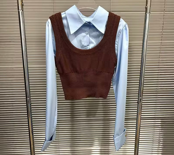 Women Button Up Full Sleeve Sweater Vest Three Piece Skirt Set