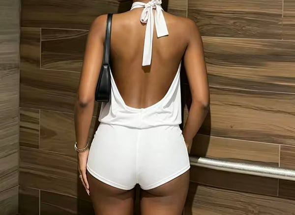Women Sexy Halter Open Back Sleeveless Ruched Romper