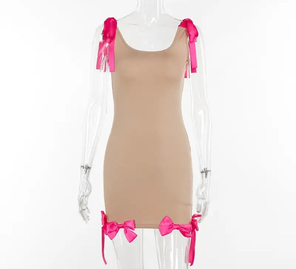 Women Sexy Sleeveless Khaki Pink Bow Dress