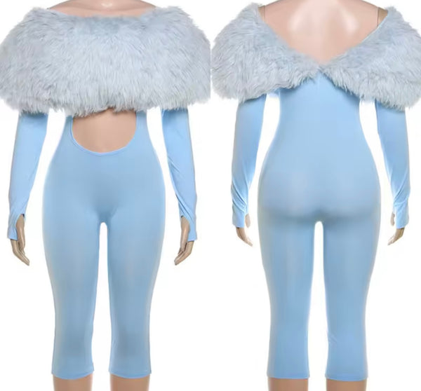 Women Fur Patchwork Off The Shoulder Cut Out Full Sleeve Romper