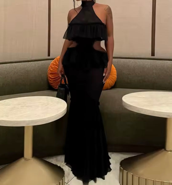 Women Sexy Halter Sleeveless Black Ruffled Mesh Maxi Dress