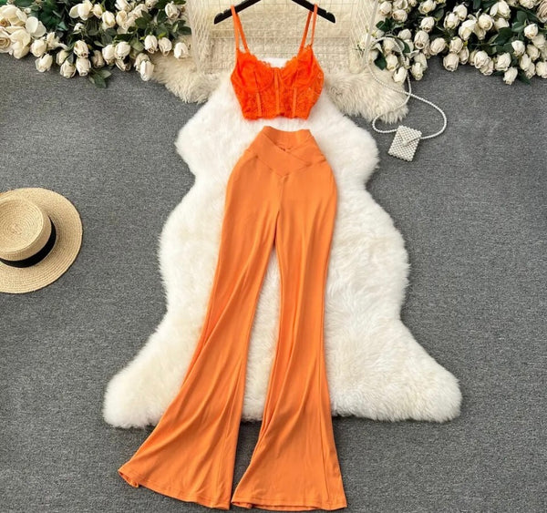Women Sexy Lace Sleeveless Crop Two Piece Wide Leg Pant Set