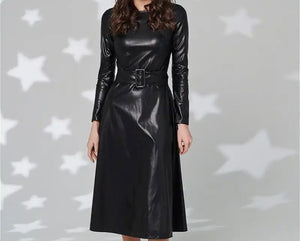 Women Fashion Faux Leather Belted Maxi Dress