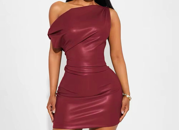 Women Sexy PU Ruched Short Sleeve Dress