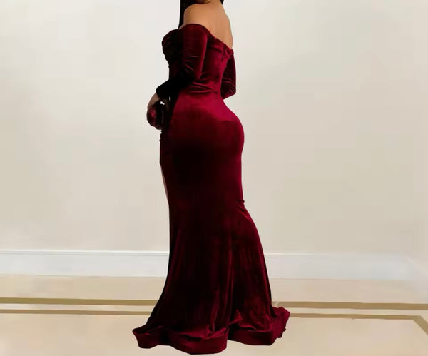 Women Sexy Velour Off The Shoulder Full Sleeve Maxi Dress