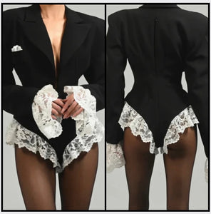 Women Sexy B&W Full Sleeve Lace Patchwork Blazer Romper