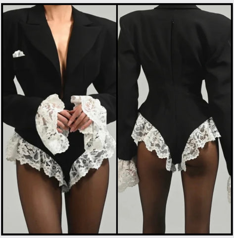 Women Sexy B&W Full Sleeve Lace Patchwork Blazer Romper