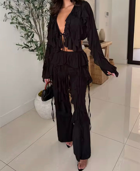Women Ruffled Tie Up Full Sleeve Fashion Two Piece Pant Set