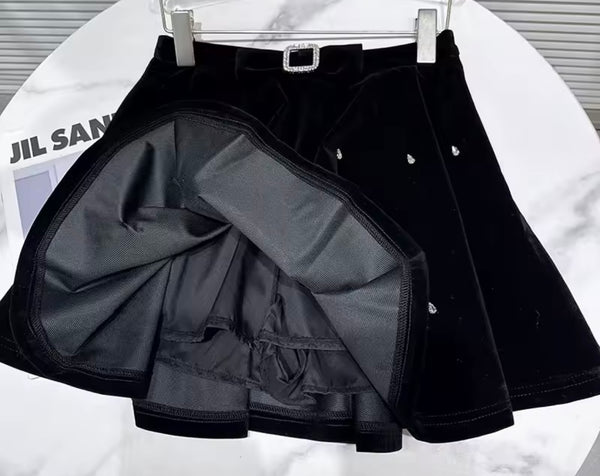 Women B&W Ruffled Bow Full Sleeve Rhinestone Suede Three Piece Skirt Set