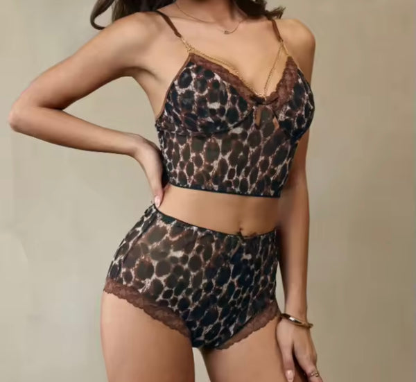 Women Sexy Brown Leopard Print Three Piece Lingerie Set