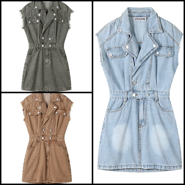 Women Sexy Fashion Button Sleeveless Denim Dress
