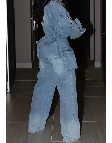 Women Fashion Button Up Ruffled Full Sleeve Denim Jumpsuit