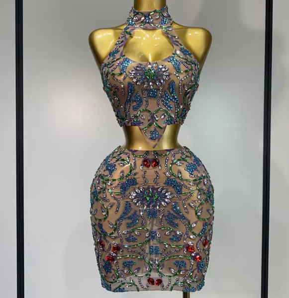 Women Sexy Halter Sleeveless Color Crystal Mesh Two Piece Skirt Set