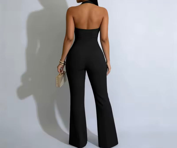 Women Sexy Button Cut Out Halter Sleeveless Jumpsuit