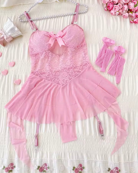 Women Sexy Ruffled Lace Mesh Bow Fishnet Lingerie Set