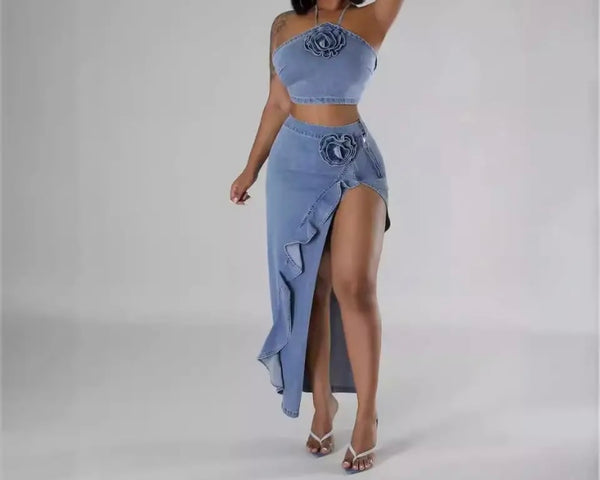 Women Sexy Halter Sleeveless Ruffled Floral Denim Two Piece Skirt Set