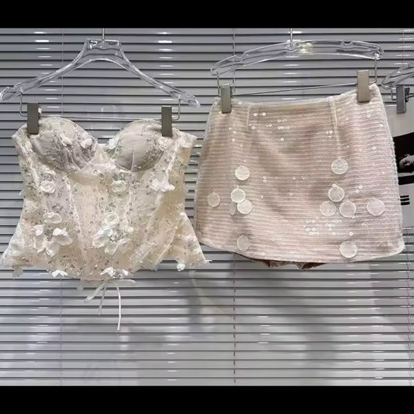 Women Sexy Strapless Floral Sequins Corset Two Piece Skirt Set