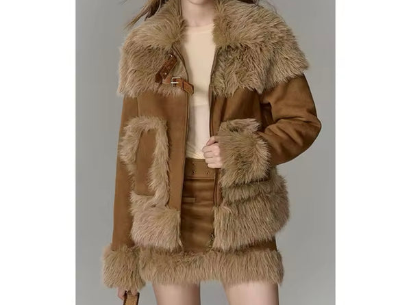 Women Fashion Fur Patchwork Suede Jacket Two Piece Skirt Set