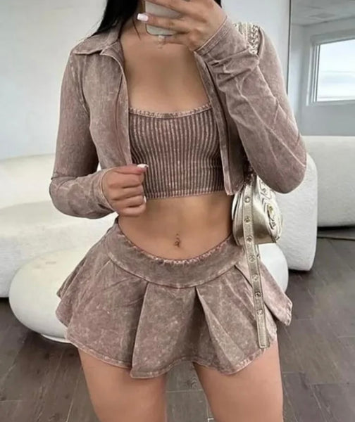 Women Sexy Fashion Denim Three Piece Pleated Skirt Set