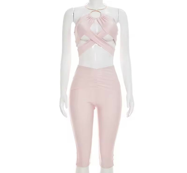 Women Sexy Halter Sleeveless Wrap Crop Two Piece Capri Pant Set