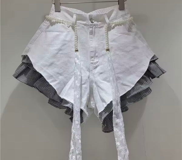 Women Fashion Plaid Ruffle Color Denim Shorts