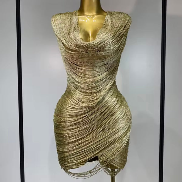 Women Sexy Sleeveless Fringe Draped Dress