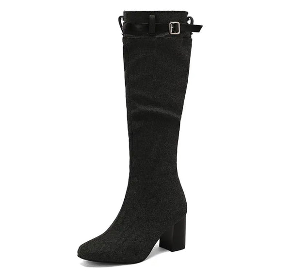 Women Fashion Color Buckled Zip Up Knee High Boots