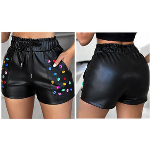 Women Fashion Black Faux Leather Color Gem Drawstring Shorts