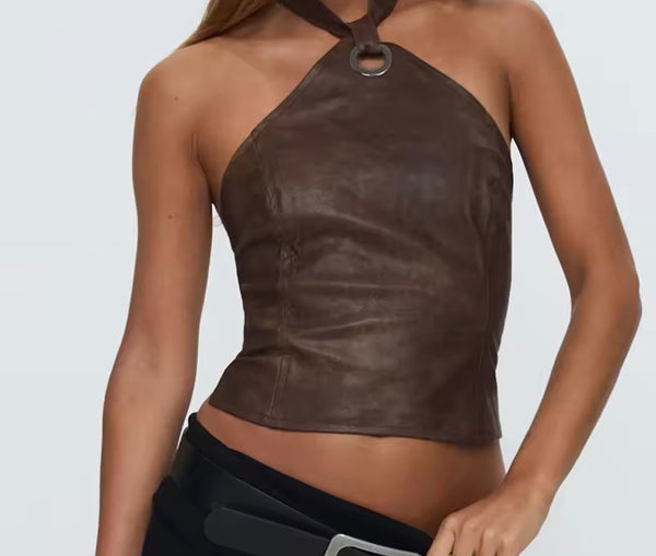 Women Halter Sleeveless Brown Faux Leather Crop Top