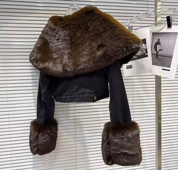 Women Fashion Brown Faux Fur Patchwork Denim Jacket