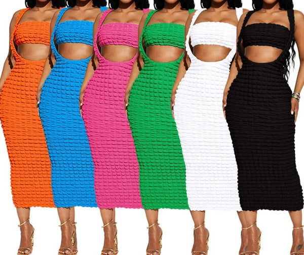 Women Sexy Solid Color Sleeveless Two Piece Maxi Skirt Set