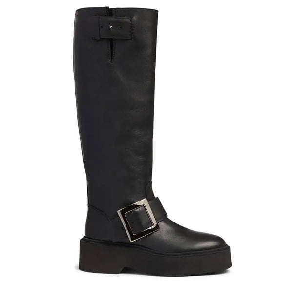 Women Black Round Toe Buckled Faux Leather Knee High Boots