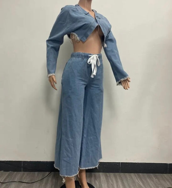 Women Fashion Drawstring Denim Two Piece Pant Set