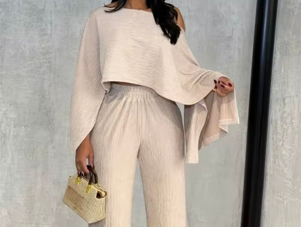 Women Solid Color Full Flare Sleeve Fashion Two Piece Pant Set