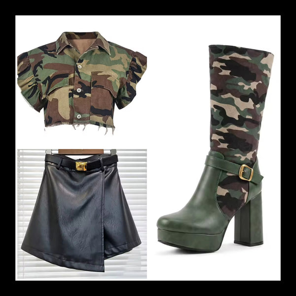 Women Fashion Camouflage Button Up Ruffled Short Sleeve Top