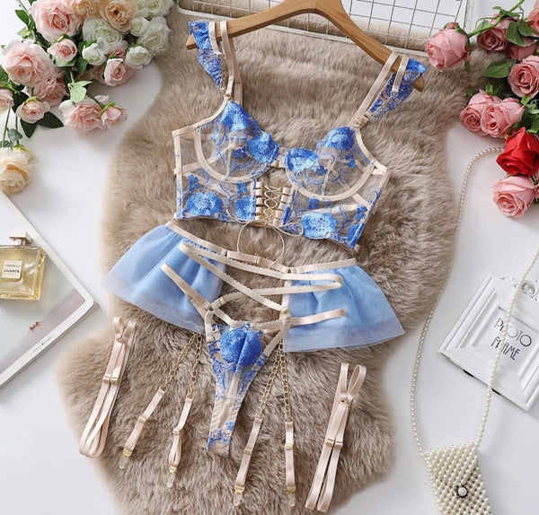 Women Sexy Floral Mesh Lace Up Chain Lingerie Set