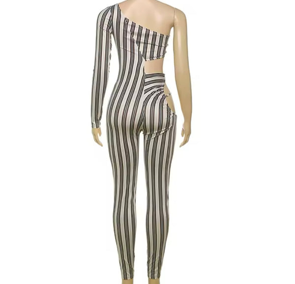 Women Sexy Striped One Shoulder Full Sleeve Cut Out Jumpsuit