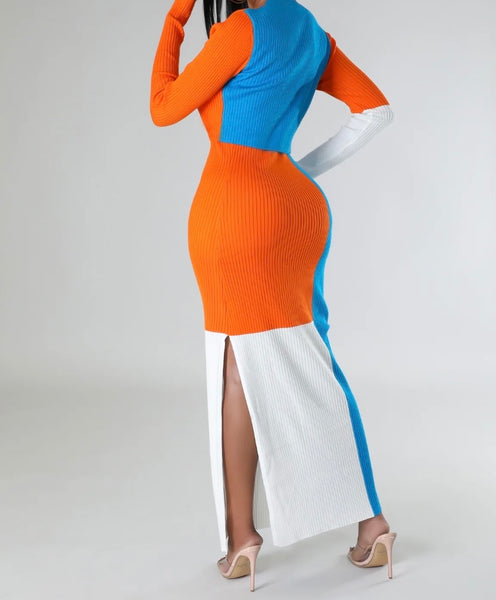 Women Sexy Color Patchwork Full Sleeve Ribbed Two Piece Maxi Skirt Set