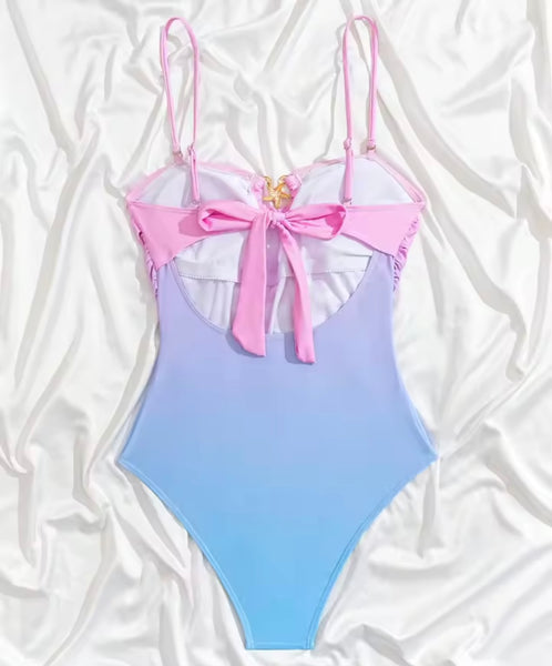 Women Colorful Gradient Ruched Back Bow Swimsuit