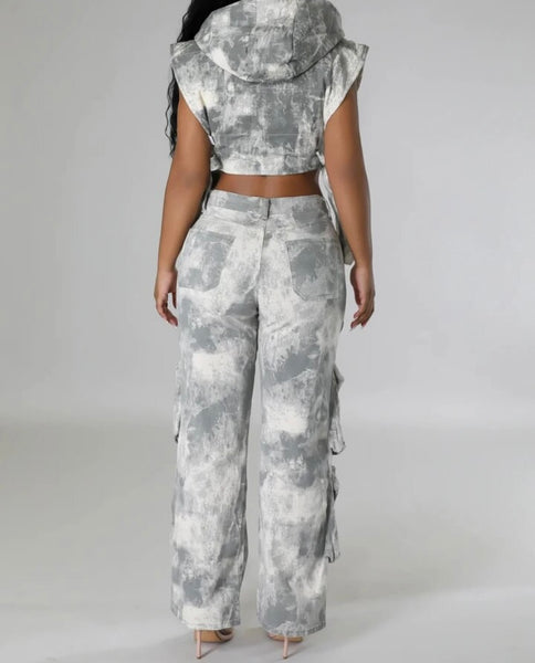 Women Fashion Camouflage Hooded Sleeveless Two Piece Cargo Denim Pant Set