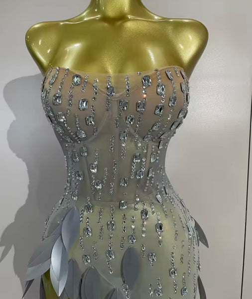 Women Silver Strapless Sequins Rhinestone Side Split Maxi Dress