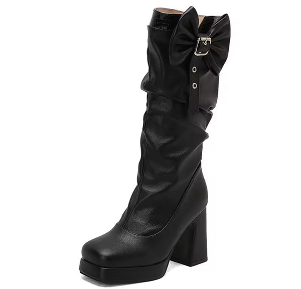 Women Fashion Buckled Bow Platform High Heel Boots