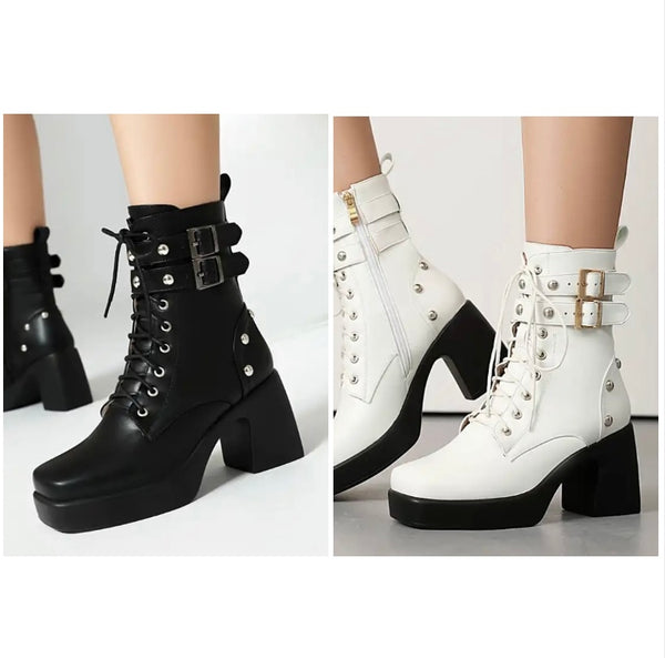 Women Fashion Platform Buckled Lace Up Ankle Boots