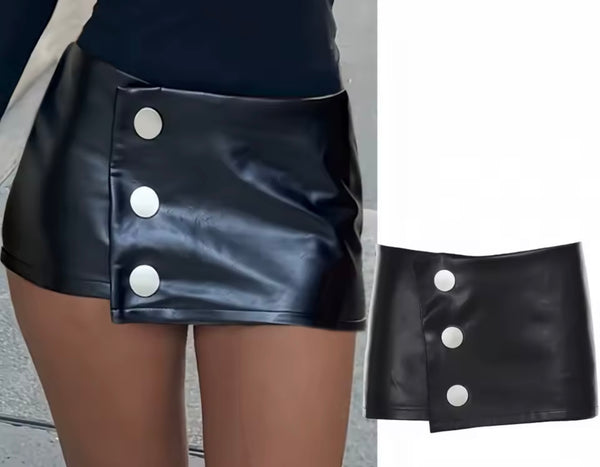 Women Black Silver Button Faux Leather Fashion Skirt