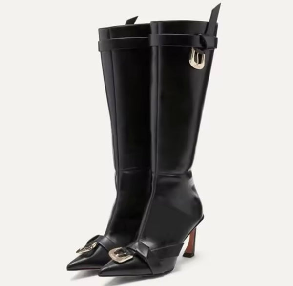 Women Buckled Pointed Toe Faux Leather Knee High Boots