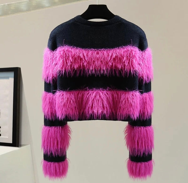 Women Fashion Button Up Color Patchwork Faux Fur Sweater Top