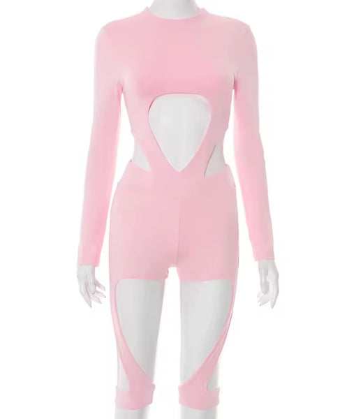 Women Sexy Cut Out Full Sleeve Bodysuit Two Piece Short Set