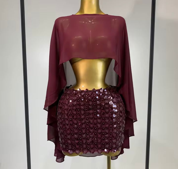 Women Sexy Mesh Crop Two Piece Sequins Skirt Set